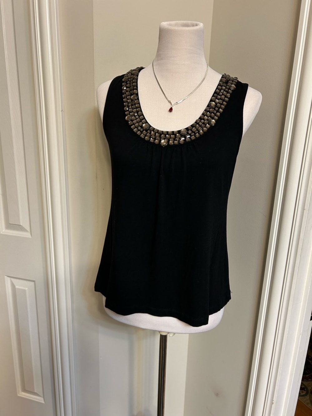 INC International Concepts Black Sleeveless Top with Beaded Collar